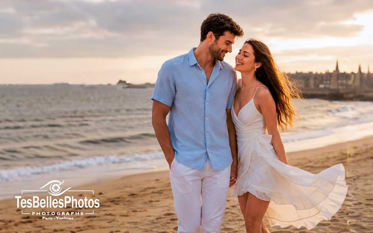 Photographe couple Saint-Malo – séance engagement romantique au coucher du soleil sur la plage