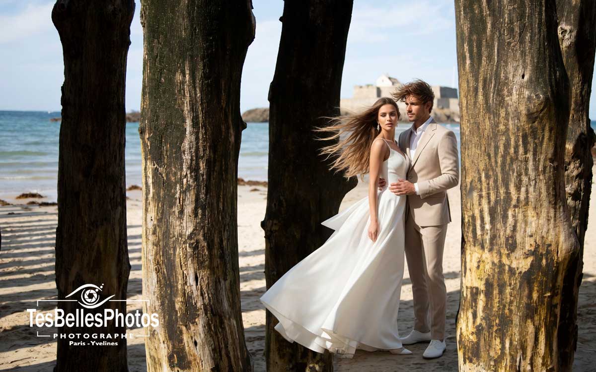 Photographe Saint-Malo – séance couple en tenue de mariage dans un style naturel et élégant