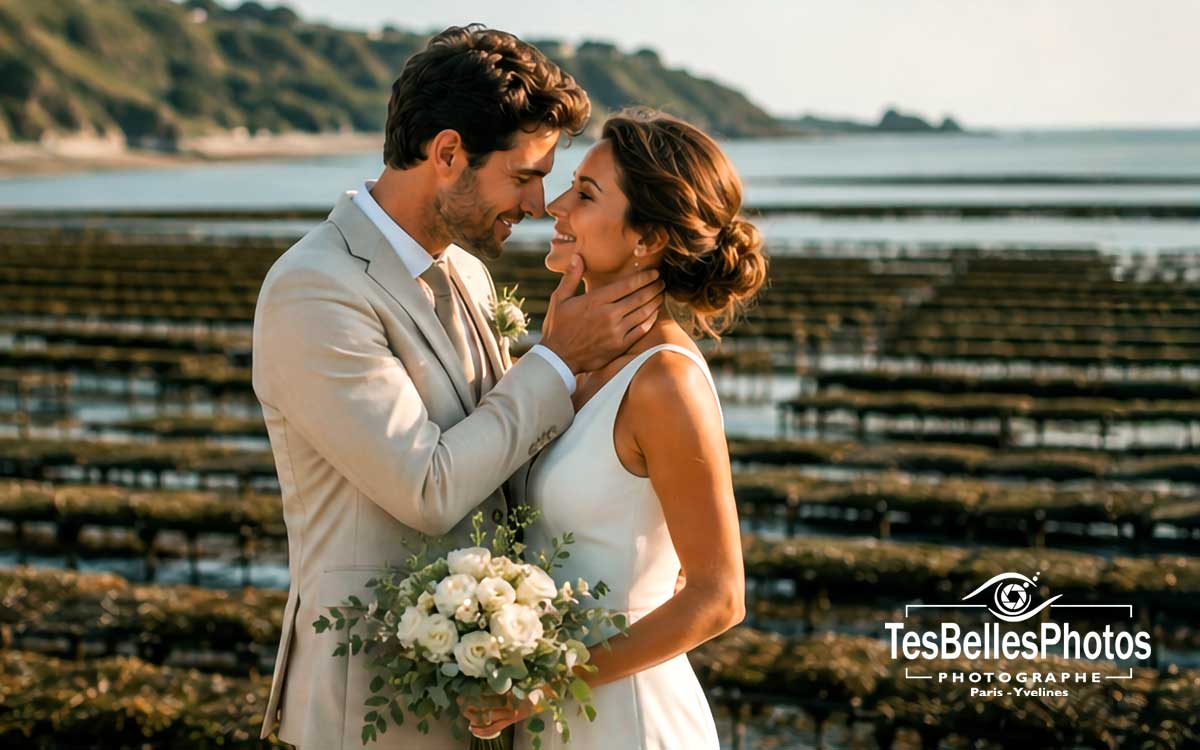 Photographe mariage Cancale – couple de mariés au parc d’huîtres
